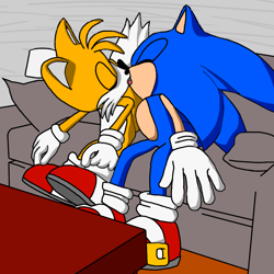 Size: 1000x1000 | Tagged: safe, artist:pepesta, miles "tails" prower, sonic the hedgehog, 2025, age difference, duo, french kiss, gay, indoors, kiss, shipping, sitting, sofa, sonic x tails, table, tongue out