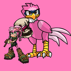 Size: 2048x2048 | Tagged: safe, artist:robynhillzoneact25, amy rose, flicky, thorn rose, hedgehog, sonic prime, 2026, duo, giant flicky, holding something, piko piko hammer, pink background, simple background, standing