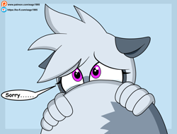 Size: 3151x2401 | Tagged: safe, artist:eagc7, tangle the lemur, 2024, blue background, dialogue, english text, floppy ears, hiding, looking offscreen, sad, simple background, solo, speech bubble, text
