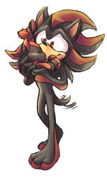 Size: 757x1250 | Tagged: safe, artist:wolf-wick, shadow the hedgehog, chao, 2019, agender, barefoot, carrying them, character chao, duo, eyes closed, father's day, fur markings, gloves off, looking at them, male, paws, shadow chao, simple background, sleeping, smile, smiling at them, standing, transparent background, wagging tail