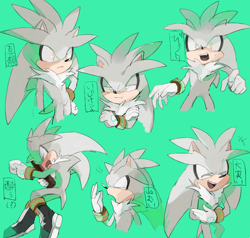 Size: 758x722 | Tagged: safe, artist:natty650, silver the hedgehog, hedgehog, 2019, arms folded, expression sheet, eyestrain, frown, hand on hip, holding something, japanese text, male, mouth open, pout, simple background, sleeping, smile, solo, standing, turquoise background