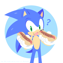 Size: 1200x1200 | Tagged: safe, artist:resuku, sonic the hedgehog, hedgehog, 2014, chili dog, crumbs, food, holding something, looking at viewer, male, mouth open, no outlines, question mark, signature, solo, standing, talking, talking to viewer