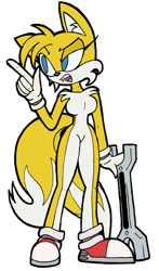 Size: 707x1200 | Tagged: safe, artist:frost-lock, miles "tails" prower, oc, oc:tailsko, fox, 2011, breasts, eyelashes, featureless breasts, flat colors, gender swap, holding something, looking offscreen, mouth open, simple background, solo, transparent background, wrench