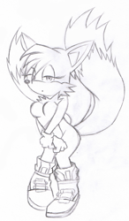 Size: 539x921 | Tagged: suggestive, artist:diedead46, miles "tails" prower, oc, oc:melissa prower, fox, 2007, breasts, covering, eyelashes, featureless crotch, female, gender swap, lidded eyes, line art, looking at viewer, monochrome, simple background, solo, standing, white background