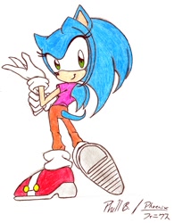 Size: 744x952 | Tagged: safe, artist:phi2studios, sonic the hedgehog, oc, oc:sonya the hedgehog, hedgehog, 2007, alternate universe, clothes, eyelashes, female, gender swap, looking at viewer, looking back, looking back at viewer, pants, shirt, signature, smile, smiling at viewer, solo, standing, standing on one leg, traditional media, treads