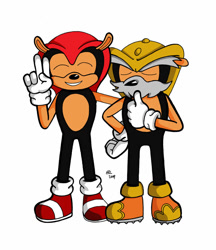 Size: 900x1040 | Tagged: safe, artist:mightyray, mighty the armadillo, armadillo, 2019, arm around shoulders, blockhead bill, duo, eyes closed, father and child, father and son, male, parent and child, simple background, smile, thumbs up, v sign, white background