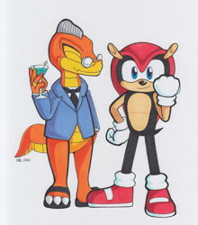 Size: 900x1023 | Tagged: safe, artist:mightyray, mighty the armadillo, armadillo, 2022, clenched fist, clenched fists, cocktail, cocktail glass, dinosaur, duo, eyes closed, father and child, father and son, looking at viewer, male, parent and child, signature, simple background, smile, society max, standing, white background