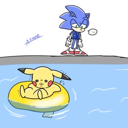 Size: 1142x1140 | Tagged: safe, artist:asune_snare, sonic the hedgehog, 2025, crossover, duo, inner tube, pikachu, pokemon, simple background, standing, water, white background
