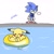 Size: 1142x1140 | Tagged: safe, artist:asune_snare, sonic the hedgehog, ..., 2025, crossover, duo, duo male, inner tube, male, pikachu, pokemon, simple background, standing, water, white background