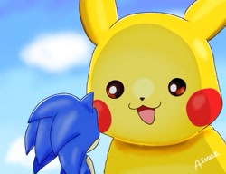 Size: 763x587 | Tagged: safe, artist:asune_snare, sonic the hedgehog, 2025, clouds, duo, looking at them, mouth open, pikachu, pokemon, signature, size difference, smile