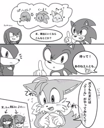 Size: 1672x2048 | Tagged: safe, artist:asune_snare, knuckles the echidna, miles "tails" prower, sonic the hedgehog, 2025, blushing, comic, greyscale, japanese text, monochrome, mouth open, pointing, simple background, smile, speech bubble, trio, white background