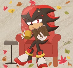 Size: 1170x1098 | Tagged: safe, artist:asune_snare, shadow the hedgehog, 2024, book, chair, cup, holding something, leaf, lidded eyes, mug, reading, sitting, solo