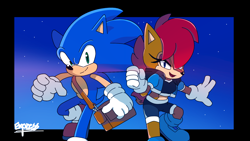 Size: 1920x1080 | Tagged: safe, artist:sonicboomnextgen, sally acorn, sonic the hedgehog, chipmunk, hedgehog, 2023, bag, duo, female, fighting pose, male, nighttime, pose, sally x sonic, sally's ringblader outfit, shipping, straight