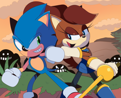 Size: 2400x1952 | Tagged: safe, artist:kitarehamakura, sally acorn, sonic the hedgehog, chipmunk, hedgehog, 2020, duo, evening, female, fistbump, holding something, idw style, male, robot, sally x sonic, straight, style emulation, sword, weapon