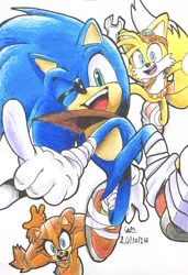 Size: 1843x2702 | Tagged: safe, artist:gruffdasmuff, miles "tails" prower, sonic the hedgehog, sticks the badger, 2024, holding something, looking at viewer, mid-air, mouth open, pointing, posing, simple background, smile, sonic boom (tv), traditional media, trio, wink, wrench