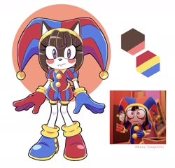 Size: 1619x1557 | Tagged: safe, artist:kanayanga, hedgehog, 2024, barely sonic related, blushing, color palette, frown, looking at viewer, mobianified, pomni (the amazing digital circus), reference inset, solo, standing, the amazing digital circus