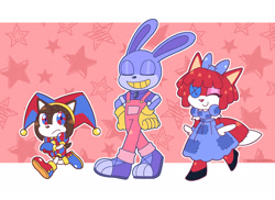 Size: 2048x1495 | Tagged: safe, artist:kanayanga, fox, hedgehog, rabbit, 2024, barely sonic related, cute, eyes closed, frown, jax (the amazing digital circus), looking at viewer, mobianified, outline, pomni (the amazing digital circus), ragatha, smile, star (symbol), the amazing digital circus, trio, walking