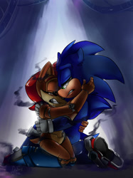 Size: 1024x1366 | Tagged: safe, artist:galaxynite, sally acorn, sonic the hedgehog, chipmunk, hedgehog, 2017, crying, duo, hugging, mecha sally, roboticized, sally x sonic, shipping, smoke, straight, tears