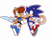 Size: 3866x3024 | Tagged: safe, artist:evillexie, sally acorn, sonic the hedgehog, chipmunk, hedgehog, 2018, blank background, duo, holding something, no pupils, outline, pink outline, ring, sally x sonic, sally's ringblader outfit, shipping, simple background, smile, straight, watermark, wink, winking at them