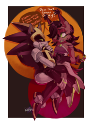 Size: 1200x1600 | Tagged: safe, artist:galaxynite, nicole the hololynx, shard the metal, lynx, 2018, abstract background, dialogue, duo, english text, hololynx, robot, shardicole, shipping, straight, watermark