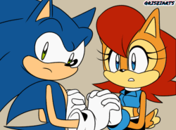 Size: 731x540 | Tagged: safe, artist:risziarts, sally acorn, sonic the hedgehog, chipmunk, hedgehog, 2023, animated, duo, holding hands, sally x sonic, sally's ringblader outfit, shipping, straight