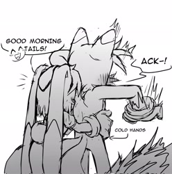 Size: 2030x2048 | Tagged: safe, artist:_ra_fox_, cream the rabbit, miles "tails" prower, 2025, aged up, blushing, cream x tails, dialogue, duo, english text, hugging, hugging from behind, monochrome, shipping, sketch, standing, straight, surprise hug, surprised, text