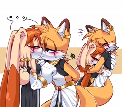 Size: 2048x1792 | Tagged: safe, artist:_ra_fox_, cream the rabbit, miles "tails" prower, ..., 2025, aged up, alternate outfit, bending over, blushing, cream x tails, duo, ear piercing, earring, eyes closed, fur markings, hugging, lidded eyes, shipping, squiggle, standing, straight