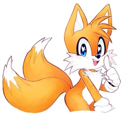 Size: 599x550 | Tagged: safe, artist:psychotiicx, miles "tails" prower, blue eyes, cute, heart, heart eyes, looking at viewer, mouth open, open smile, pointing, simple background, smile, smiling at viewer, solo, standing, unknown date, white background
