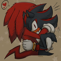 Size: 1600x1600 | Tagged: safe, artist:mmmaaarrrkkksblog, knuckles the echidna, shadow the hedgehog, 2026, beige background, duo, gay, heart, hugging, knuxadow, looking at viewer, shipping, signature, simple background, sitting, star (symbol)