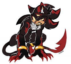Size: 1884x1688 | Tagged: safe, artist:theshadyinfidel, shadow the hedgehog, 2025, arm fluff, barefoot, black arms, chest fluff, claws, clenched teeth, ear fluff, fangs, frown, fur markings, gloves off, long tail, looking at viewer, shrunken pupils, signature, simple background, solo, tail, third eye, white background, yellow sclera