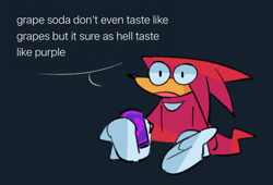Size: 1062x724 | Tagged: safe, artist:mintywhisker, knuckles the echidna, 2026, black background, dialogue, english text, faic, fizzy soda can, grape soda, holding something, mouth open, simple background, soda, solo, speech bubble, talking