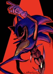 Size: 914x1280 | Tagged: semi-grimdark, artist:papersnatch, sonic the hedgehog, oc, oc:kolossos, oc:sonic.exe, 2025, alternate version, au:outcome memories, black sclera, looking at viewer, mouth open, open smile, side view, signature, smile, smiling at viewer, solo, spotlight, standing