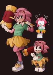 Size: 1448x2048 | Tagged: safe, artist:maladaptiveproductions, amy rose, 2025, alternate universe, au:outcome memories, brown background, classic amy, frown, holding something, looking at viewer, piko piko hammer, reference inset, simple background, solo, standing, standing on one leg