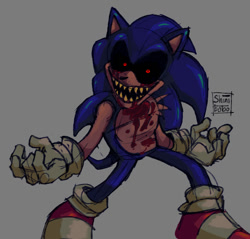 Size: 859x821 | Tagged: semi-grimdark, artist:shinibobo, sonic the hedgehog, oc, oc:2011x, oc:sonic.exe, 2025, alternate universe, au:outcome memories, black sclera, bleeding, bleeding from eyes, bleeding from mouth, blood, chest fluff, grey background, looking at viewer, mouth open, open smile, signature, simple background, smile, smiling at viewer