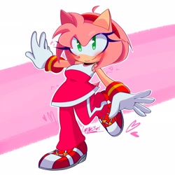 Size: 2048x2048 | Tagged: safe, artist:artangelo381341, amy rose, 2026, abstract background, eyelashes, female, heart, looking at viewer, outline, posing, redraw, signature, smile, smiling at viewer, solo, sonic riders, standing, standing on one leg