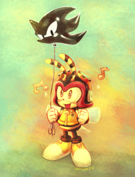 Size: 1024x1344 | Tagged: safe, artist:l4tchk3y, charmy bee, shadow the hedgehog, balloon, blushing, clenched fist, clenched fists, gradient background, happy, holding something, looking offscreen, mouth open, musical notes, open smile, smile, solo, sparkles, standing