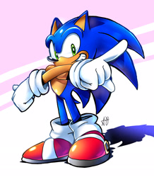 Size: 1788x2048 | Tagged: safe, artist:chocosun4ever, sonic the hedgehog, 2026, alternate version, arms folded, looking at viewer, pointing, posing, shadow (lighting), signature, smile, smiling at viewer, solo, standing