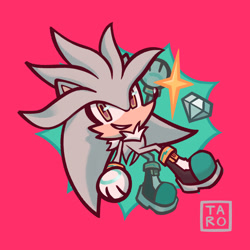 Size: 2048x2048 | Tagged: safe, artist:taromilkteaw, silver the hedgehog, 2026, chaos emerald, cheek fluff, chest fluff, chibi, cute, looking at viewer, mid-air, pink background, signature, simple background, smile, smiling at viewer, solo, sparkle