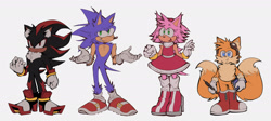 Size: 2048x914 | Tagged: safe, artist:dotanadots, amy rose, miles "tails" prower, shadow the hedgehog, sonic the hedgehog, 2026, :<, boots, clenched fist, cute, ear fluff, eyelashes, eyewear on head, flat colors, goggles, goggles on head, group, holding something, leg fluff, leg warmers, looking at viewer, looking offscreen, notepad, pen, shrugging, simple background, smile, standing, tailabetes, white background