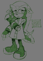 Size: 510x713 | Tagged: safe, artist:shinibobo, matilda the armadillo, 2025, clenched fist, frown, grey background, line art, looking at viewer, monochrome, signature, simple background, solo, standing