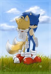 Size: 1280x1849 | Tagged: safe, artist:akusuru, miles "tails" prower, sonic the hedgehog, 2012, abstract background, arm around shoulders, clouds, cute, daytime, duo, eyes closed, flower, grass, mouth open, open smile, outdoors, smile