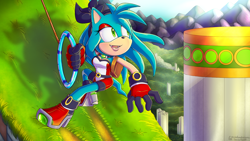 Size: 2400x1350 | Tagged: safe, artist:rinkunokoisuru, oc, oc:purity the hedgehog, hedgehog, marble garden zone, 2023, daytime, eyelashes, grass, holding something, lidded eyes, looking offscreen, mouth open, oc only, open smile, outdoors, smile, solo