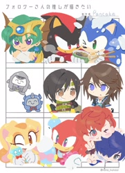 Size: 1389x1920 | Tagged: safe, artist:neku_646611, cheese (chao), cream the rabbit, knuckles the echidna, shadow the hedgehog, sonic the hedgehog, human, 2025, bowl, character request, chopsticks, eating, food, grapes, holding something, looking at each other, looking at them, mouth open, neutral chao, persona (series), simple background, smile, transformers, white background