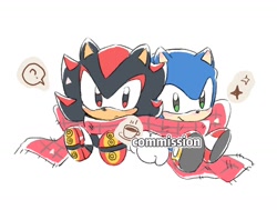 Size: 1584x1198 | Tagged: safe, artist:neku_646611, shadow the hedgehog, sonic the hedgehog, 2026, chibi, commission, cup, cute, duo, scarf, shadowbetes, simple background, sitting, smile, sonabetes, white background