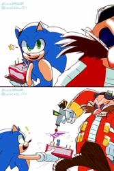 Size: 1400x2100 | Tagged: safe, artist:luciacas_tillo, robotnik, sonic the hedgehog, human, 2022, anniversary, cake, comic, duo, food, holding something, looking at them, simple background, smile, standing, star (symbol), white background