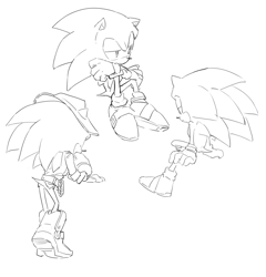 Size: 1708x1778 | Tagged: safe, artist:bb_meronpan, sonic the hedgehog, 2025, from behind, greyscale, monochrome, simple background, sitting, sketch, solo, standing, white background