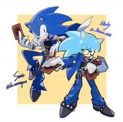 Size: 1714x1694 | Tagged: safe, artist:_raccoon_man_, artist:bb_meronpan, nicky, sonic the hedgehog, 2025, border, card, collaboration, cosplay, duo, holding something, simple background, sonic the hedgehog (shogakukan), standing, yellow background, yu-gi-oh!