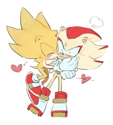 Size: 968x1070 | Tagged: safe, artist:bb_meronpan, shadow the hedgehog, sonic the hedgehog, super shadow, super sonic, 2025, blushing, duo, eyes closed, gay, hand on another's face, heart, kiss, kiss on cheek, shadow x sonic, shipping, simple background, super form, white background