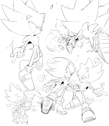 Size: 1472x1704 | Tagged: safe, artist:bb_meronpan, shadow the hedgehog, sonic the hedgehog, super shadow, super sonic, 2025, chaos emerald, duo, gay, greyscale, heart, kiss, kiss on cheek, monochrome, simple background, sketch, smile, super form, white background