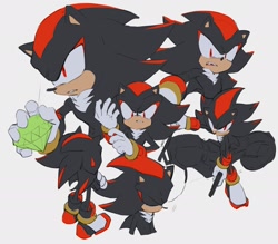 Size: 1804x1582 | Tagged: safe, artist:bb_meronpan, shadow the hedgehog, 2025, chaos emerald, eyes closed, grey background, gun, holding something, motorcycle, simple background, solo